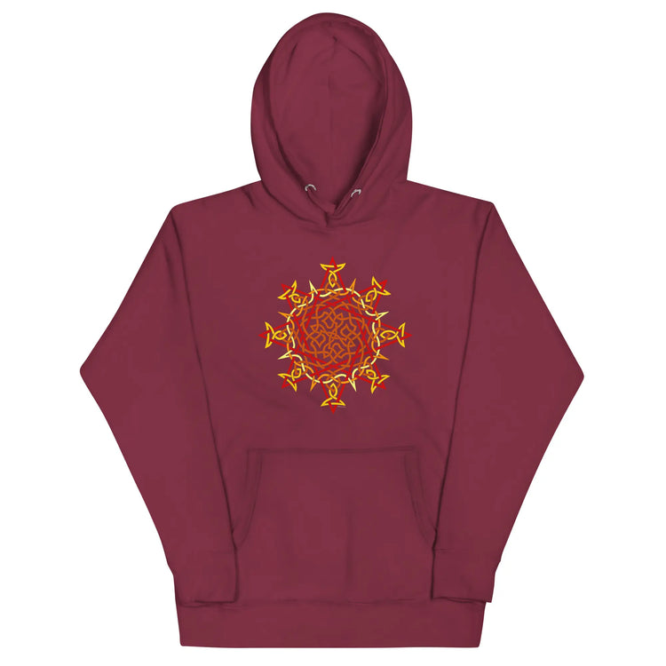 A maroon Xigfireon graphic hoodie featuring the Fire Colour Flat iteration of the `Morning Star Fire` Celtic knot design. The `Morning Star Fire` Celtic knot represents the Sun.