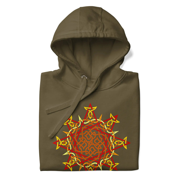 A folded military green Xigfireon graphic hoodie featuring the Fire Colour Flat iteration of the `Morning Star Fire` Celtic knot design. The `Morning Star Fire` Celtic knot represents our brilliant Father Sun.