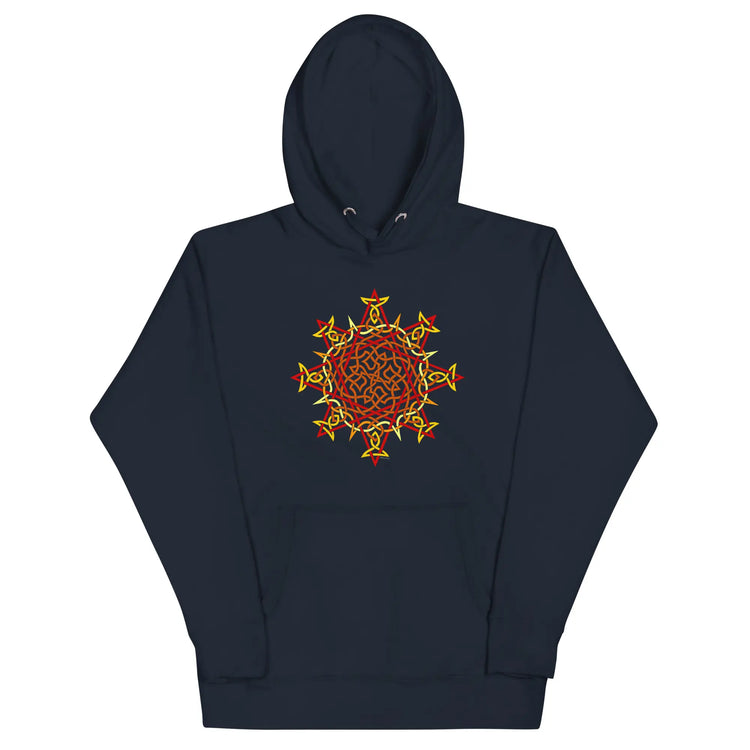 A navy blazer blue Xigfireon graphic hoodie featuring the Fire Colour Flat iteration of the `Morning Star Fire` Celtic knot design. The `Morning Star Fire` Celtic knot represents the Sun.