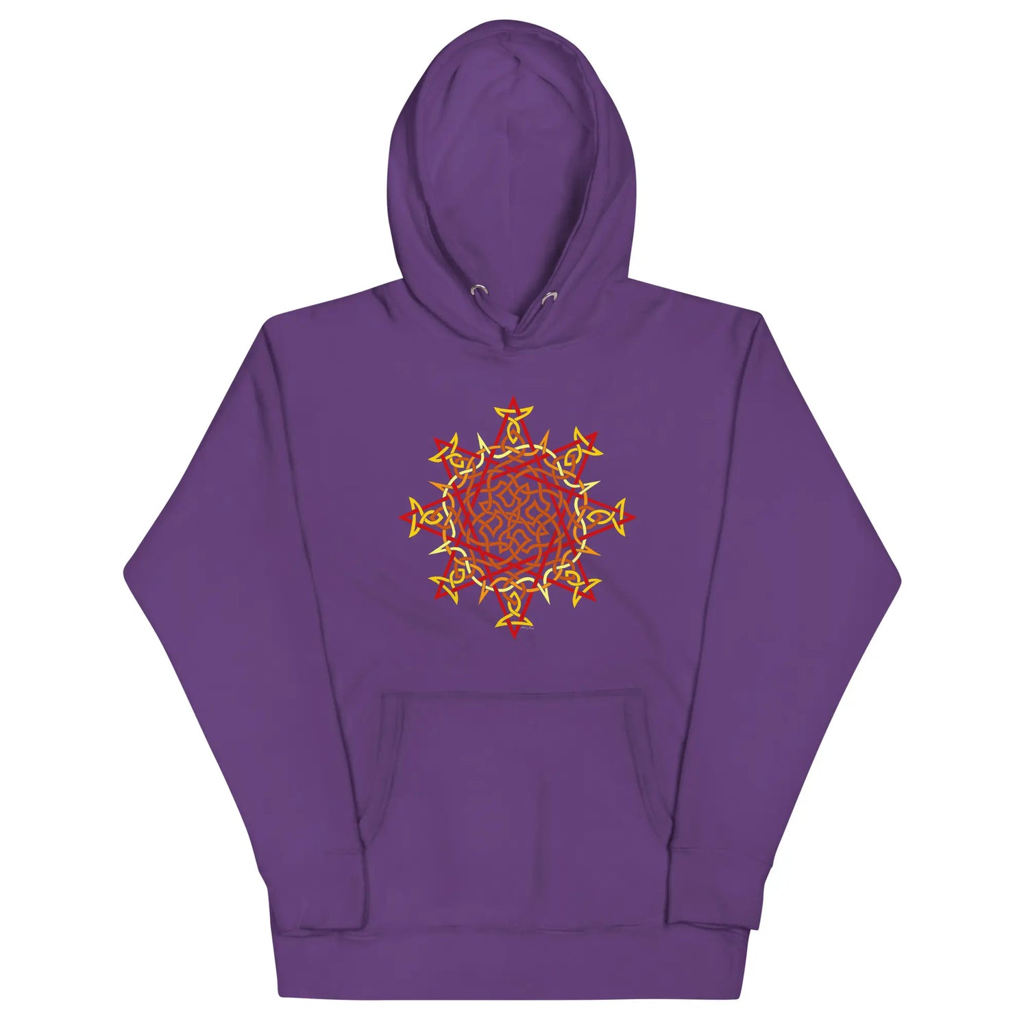 A purple Xigfireon graphic hoodie featuring the Fire Colour Flat iteration of the `Morning Star Fire` Celtic knot design. The `Morning Star Fire` Celtic knot represents the Sun.