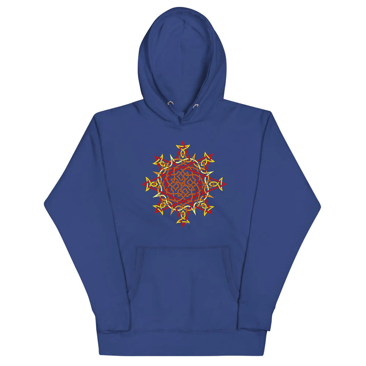 A team royal blue Xigfireon graphic hoodie featuring the Fire Colour Flat iteration of the `Morning Star Fire` Celtic knot design. The `Morning Star Fire` Celtic knot represents the Sun.