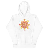 A white Xigfireon graphic hoodie featuring the Fire Colour Flat iteration of the `Morning Star Fire` Celtic knot design. The `Morning Star Fire` Celtic knot represents the Sun.