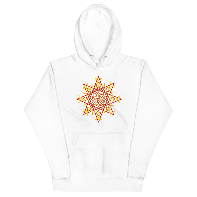 A white Xigfireon graphic hoodie featuring the Fire Colour Flat iteration of the `Morning Star Fire` Celtic knot design. The `Morning Star Fire` Celtic knot represents the Sun.