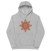 A kids athletic heather graphic hoodie featuring the Fire Colour iteration of the `Morning Star Fire` Celtic knot design.