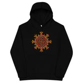 A kids black graphic hoodie featuring the Fire Colour iteration of the `Morning Star Fire` Celtic knot design.