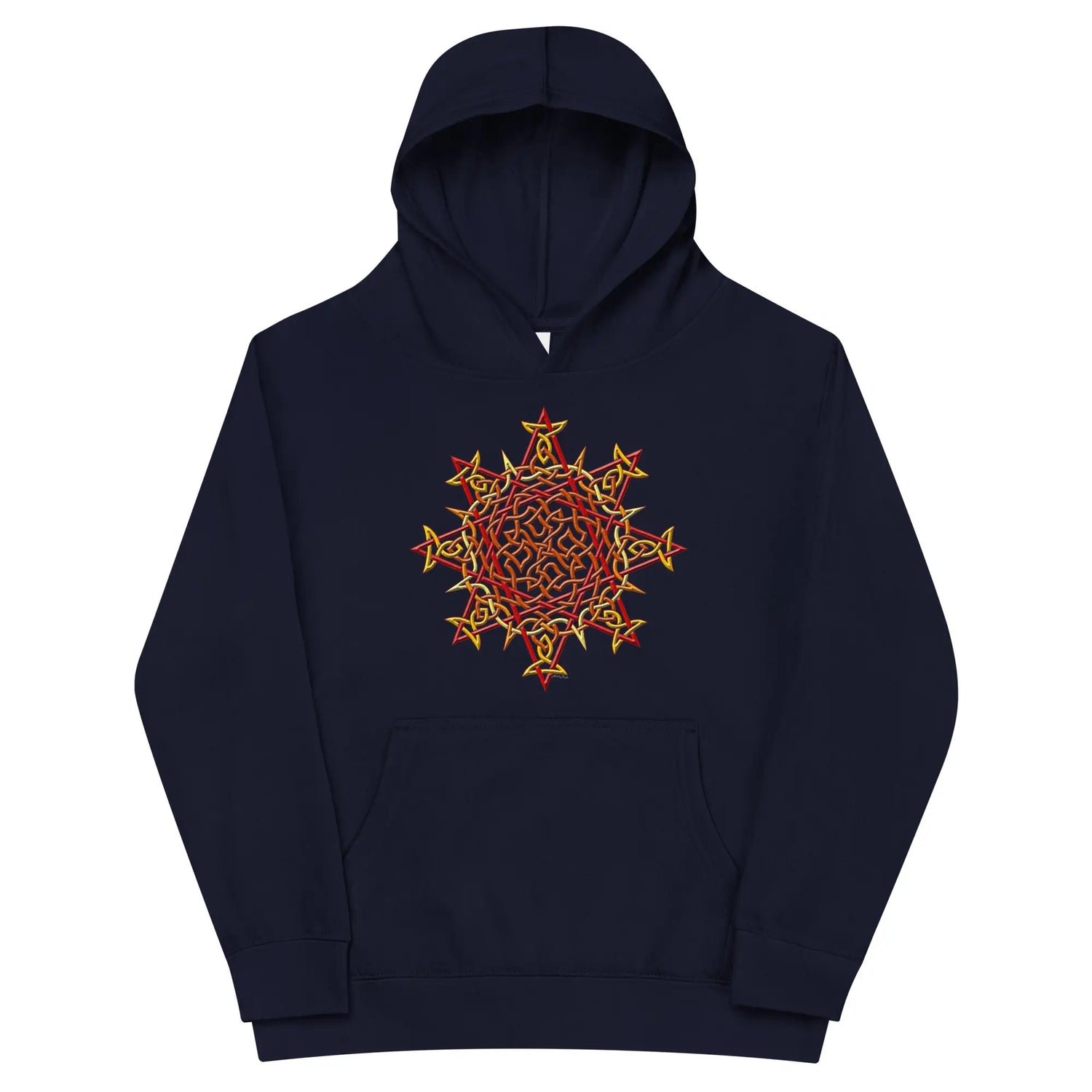 A kids navy blazer graphic hoodie featuring the Fire Colour iteration of the `Morning Star Fire` Celtic knot design.