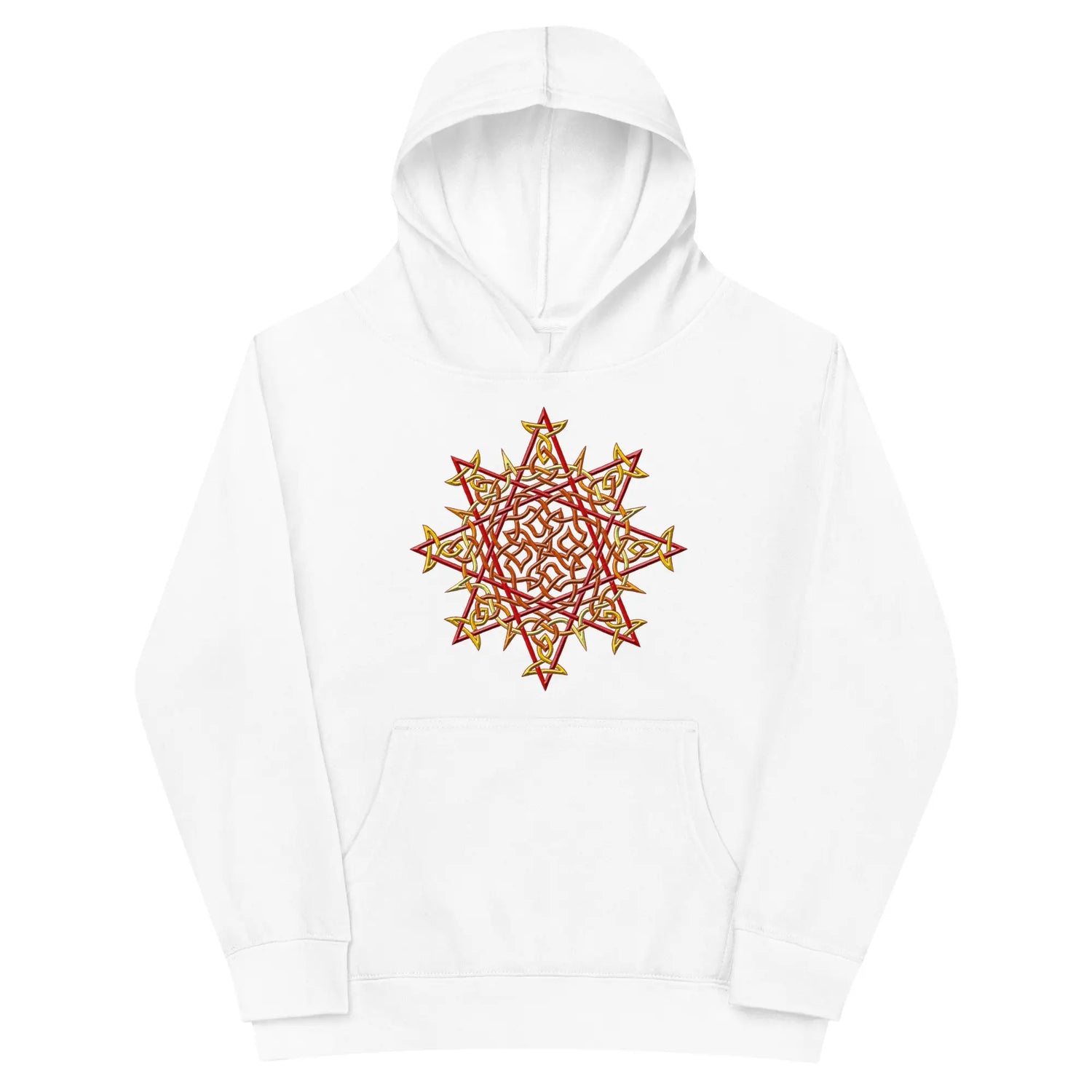 A kids white graphic hoodie featuring the Fire Colour iteration of the `Morning Star Fire` Celtic knot design.