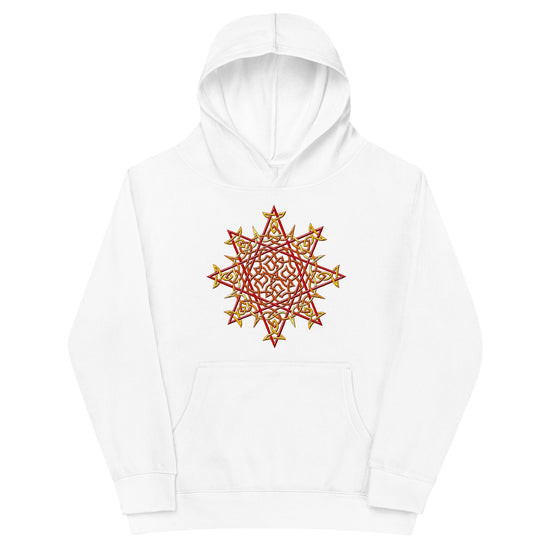 A kids white graphic hoodie featuring the Fire Colour iteration of the `Morning Star Fire` Celtic knot design.