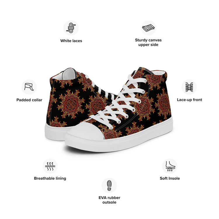 A list of product features surrounding a pair of black Xigfireon canvas high tops featuring the Fire Colour iteration of the `Morning Star Fire` Celtic knot pattern. Features include white laces, sturdy canvas upper side, padded collar, lace-up front, breathable lining, EVA rubber outsole, and soft insole.