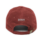 The back side of a burgundy Xigfireon vintage corduroy cap showing the embroidered Xigfireon logo.