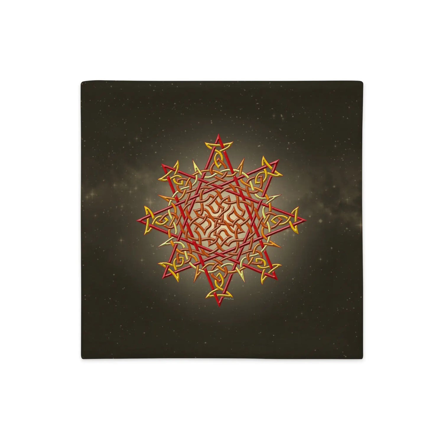 An 18 inch by 18 inch Xigfireon pillow case featuring the Fire Colour iteration of the `Morning Star Fire` Celtic knot design, a symbol representing Father Sun.