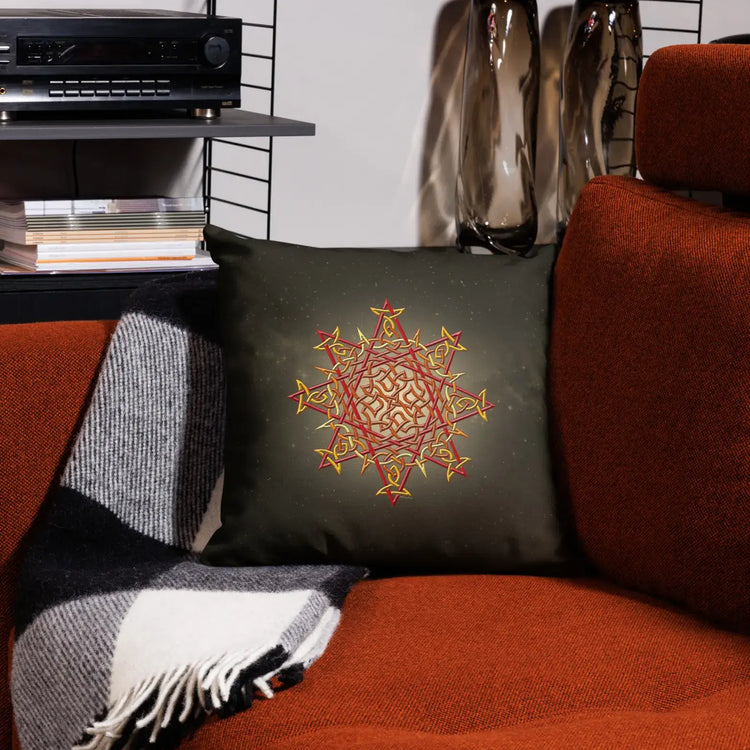 An 18 inch by 18 inch Xigfireon pillow case featuring the Fire Colour iteration of the `Morning Star Fire` Celtic knot design.