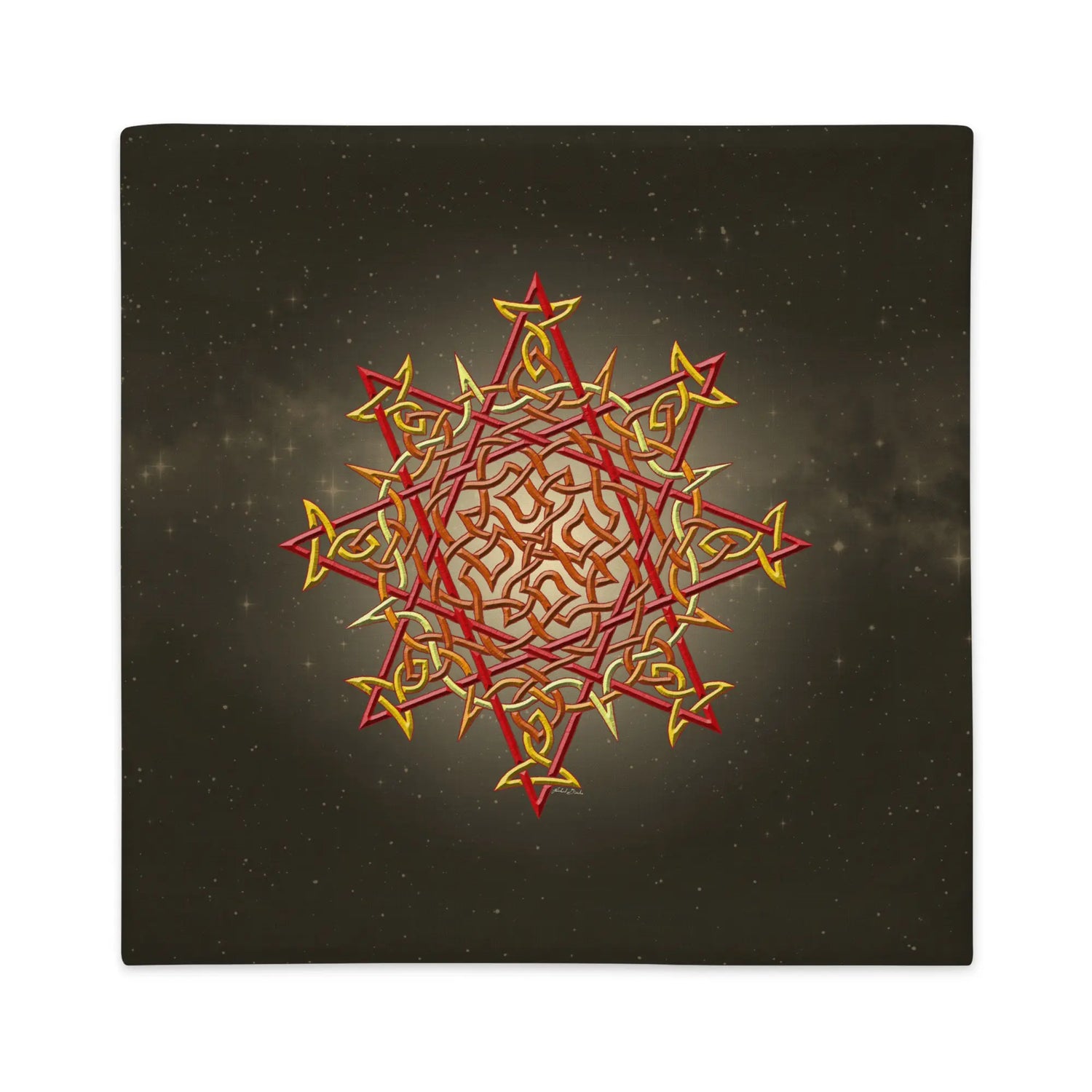 A 22 inch by 22 inch Xigfireon pillow case featuring the Fire Colour iteration of the `Morning Star Fire` Celtic knot design, which symbolizes our Sun.