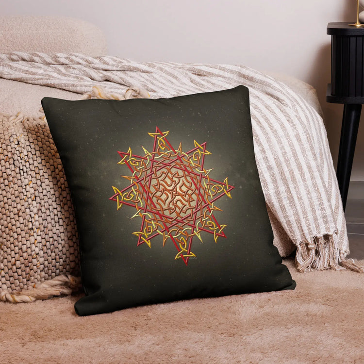 A 22 inch by 22 inch Xigfireon pillow case featuring the Fire Colour iteration of the `Morning Star Fire` Celtic knot design.