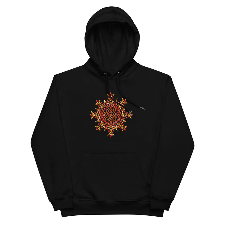 A black Xigfireon graphic eco-friendly hoodie featuring the Fire Colour iteration of the `Morning Star Fire` Celtic knot design. The `Morning Star Fire` Celtic knot symbolizes the Sun.