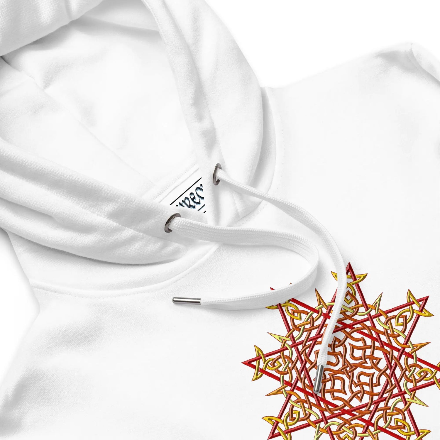 A close-up view of a white Xigfireon graphic eco-friendly hoodie featuring the Fire Colour iteration of the `Morning Star Fire` Celtic knot design. The `Morning Star Fire` Celtic knot symbolizes the Sun.