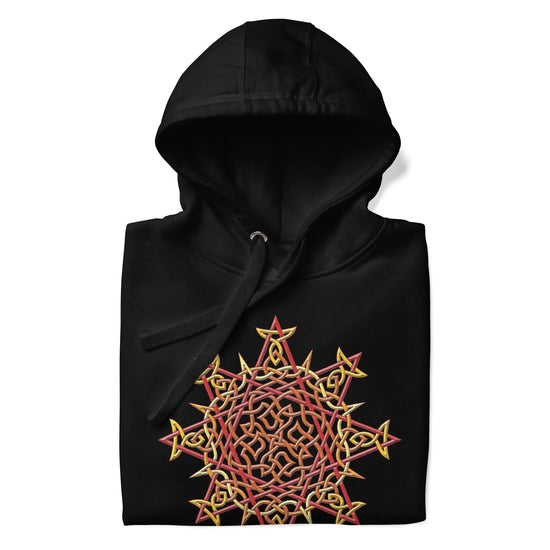 A folded black Xigfireon graphic hoodie featuring the Fire Colour iteration of the `Morning Star Fire` Celtic knot design. The `Morning Star Fire` Celtic knot represents our brilliant Father Sun.