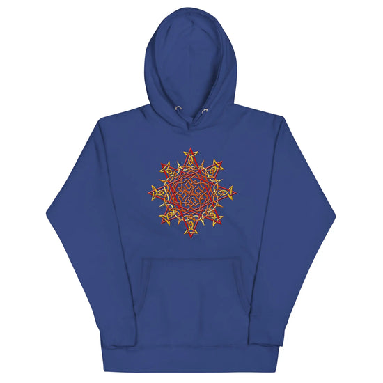 A team royal blue Xigfireon graphic hoodie featuring the Fire Colour iteration of the `Morning Star Fire` Celtic knot design. The `Morning Star Fire` Celtic knot represents our glorious Sun.