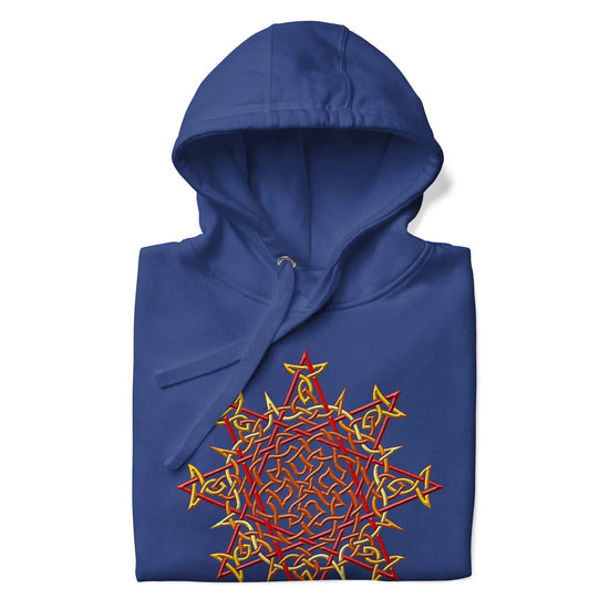 A folded team royal blue Xigfireon graphic hoodie featuring the Fire Colour iteration of the `Morning Star Fire` Celtic knot design. The `Morning Star Fire` Celtic knot represents our glorious Sun.