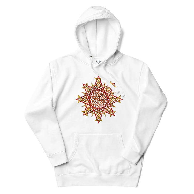 A white Xigfireon graphic hoodie featuring the Fire Colour iteration of the `Morning Star Fire` Celtic knot design. The `Morning Star Fire` Celtic knot represents our glorious Sun.