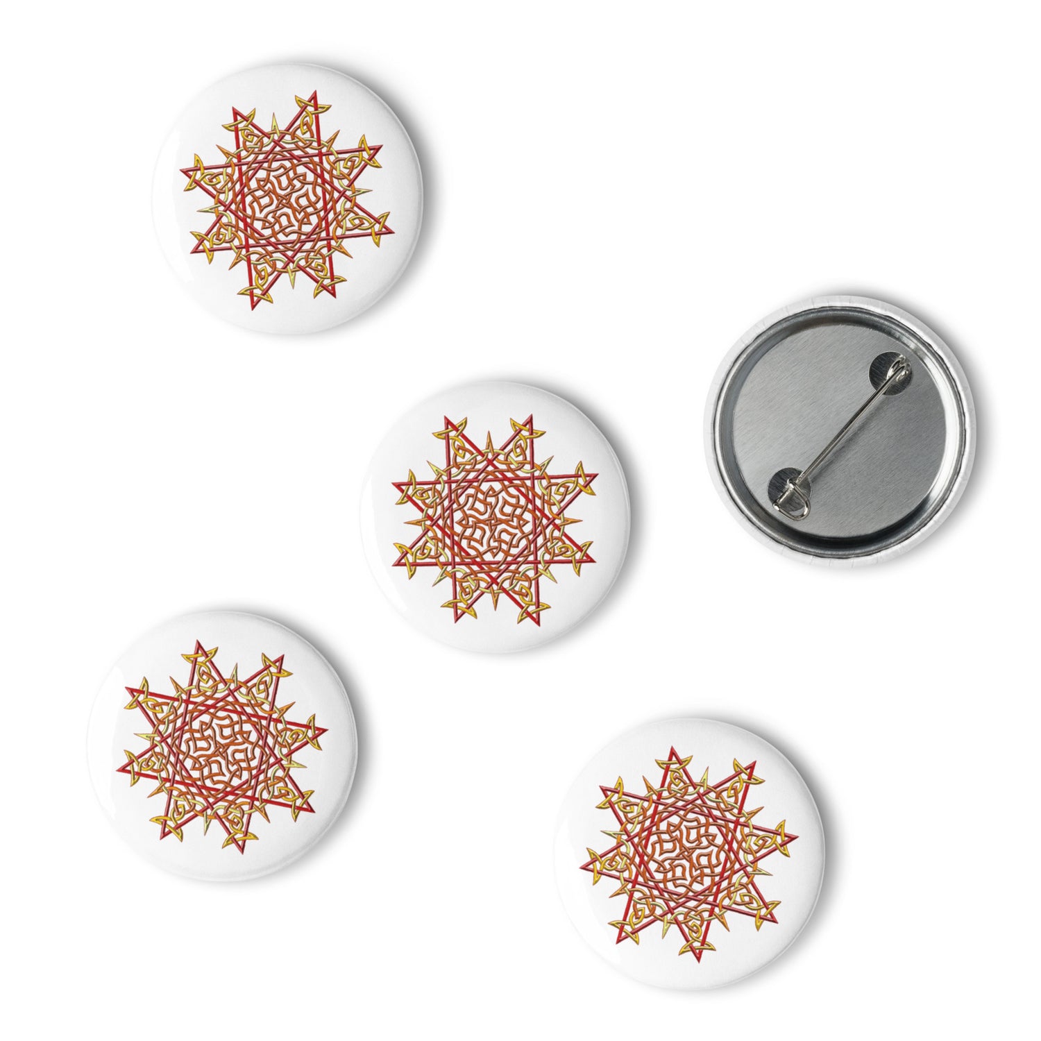 A set of 5 1.25" pin-back buttons featuring the Fire Colour iteration of the `Morning Star Fire` Celtic knot design.