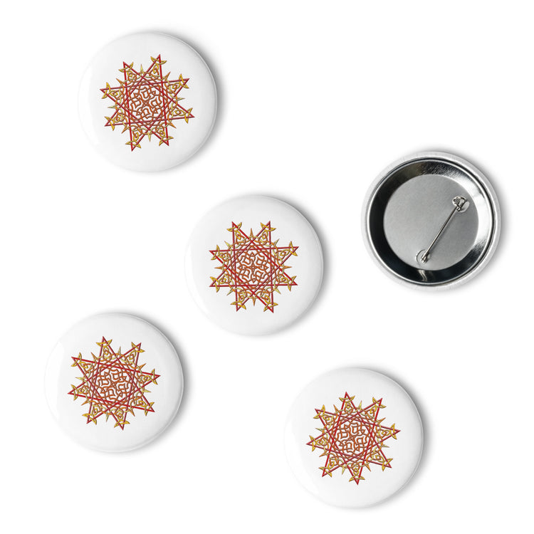 A set of 5 2.25" pin-back buttons featuring the Fire Colour iteration of the `Morning Star Fire` Celtic knot design.