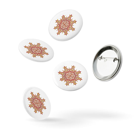 A set of 5 2.25" pin-back buttons featuring the Fire Colour iteration of the `Morning Star Fire` Celtic knot design.