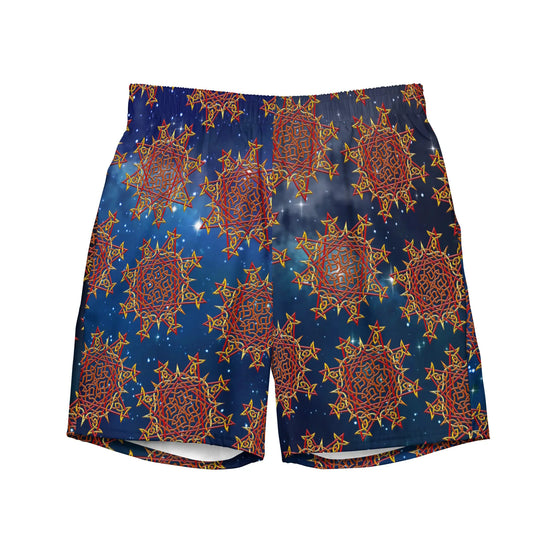 The front side of a pair of Xigfireon graphic swim trunks featuring the Fire Colour Cosmos (small) patterned series of the `Morning Star Fire` Celtic knot design.