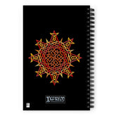 The back side of a Xigfireon spiral notebook featuring the Fire Colour iteration of the `Morning Star Fire` Celtic knot design.