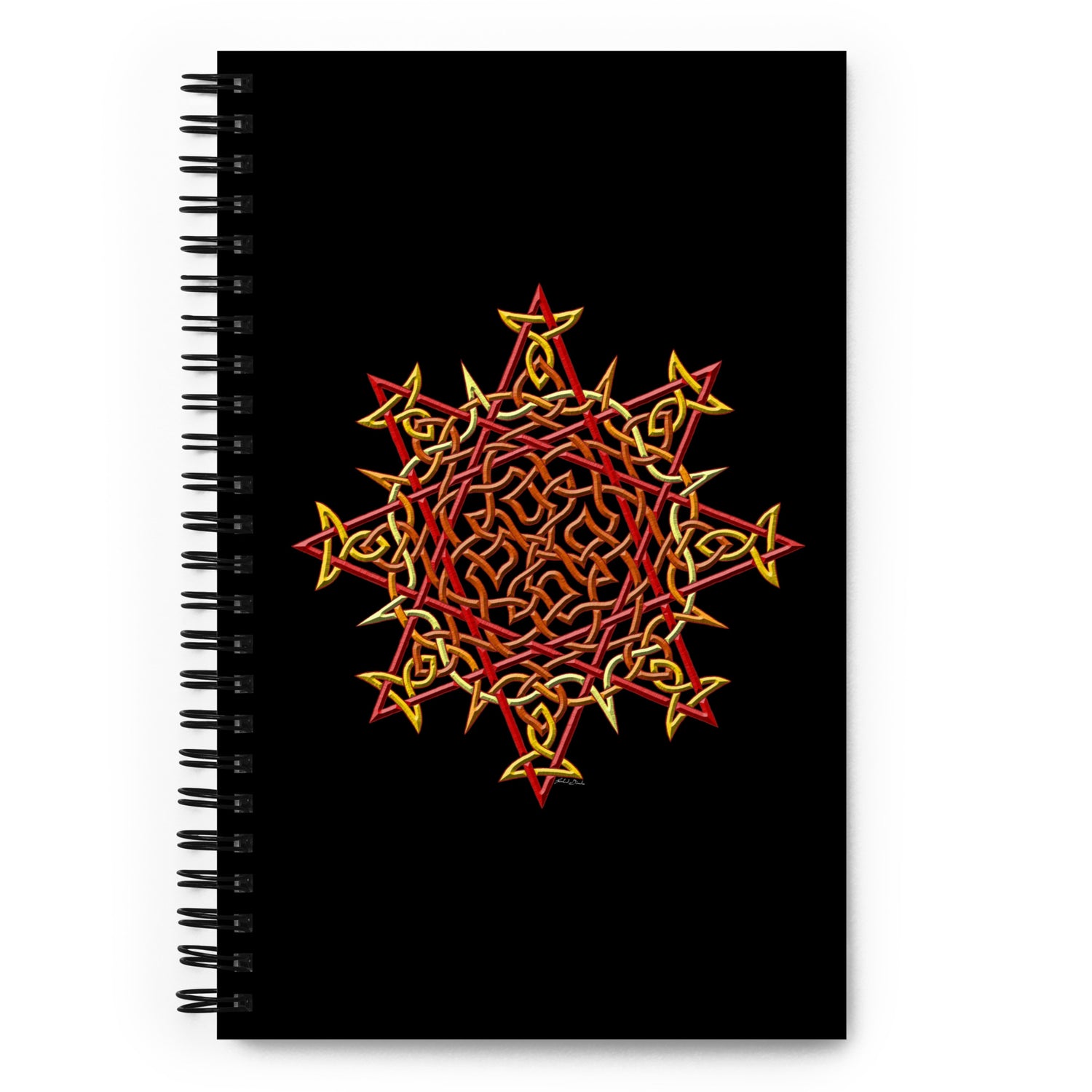 The front side of a Xigfireon spiral notebook featuring the Fire Colour iteration of the `Morning Star Fire` Celtic knot design.