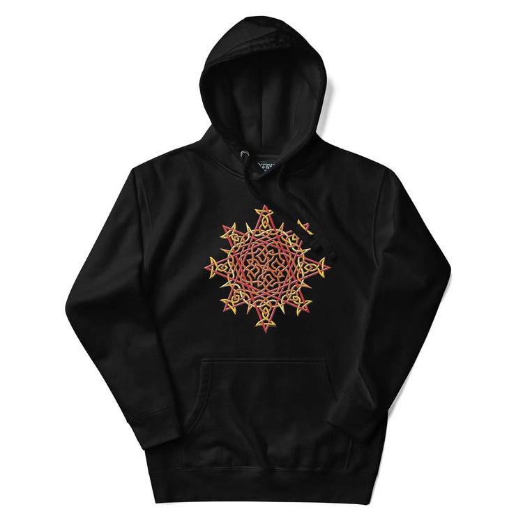 A black Xigfireon graphic hoodie featuring the Fire Colour iteration of the `Morning Star Fire` Celtic knot design. This Celtic knot symbolizes the Sun.