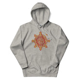 A carbon grey Xigfireon graphic hoodie featuring the Fire Colour iteration of the `Morning Star Fire` Celtic knot design. This Celtic knot symbolizes the Sun.