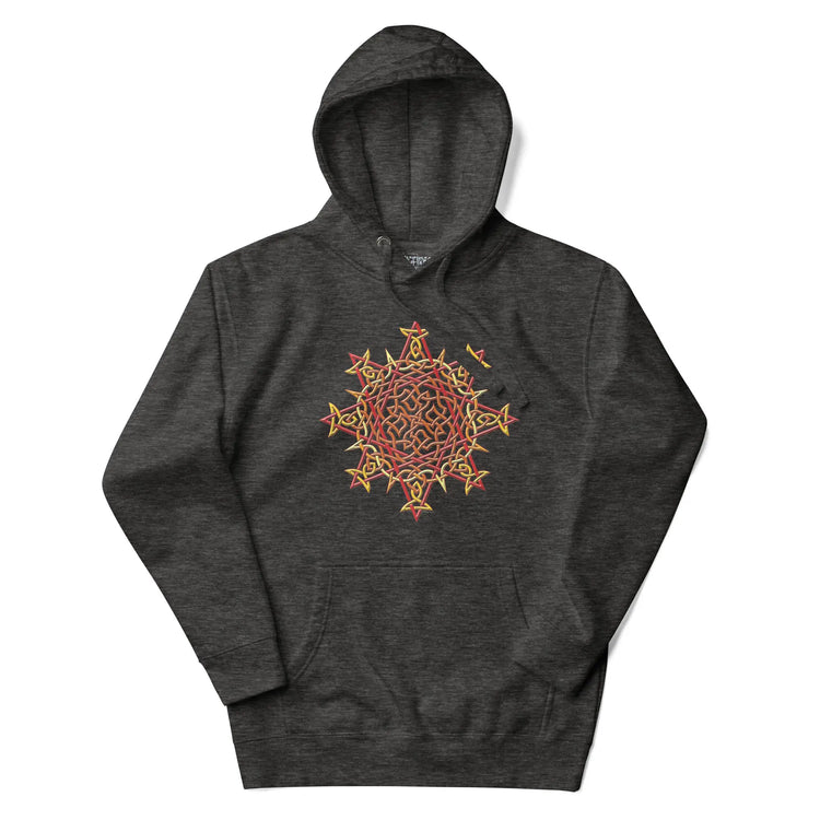 A charcoal heather Xigfireon graphic hoodie featuring the Fire Colour iteration of the `Morning Star Fire` Celtic knot design. This Celtic knot symbolizes the Sun.