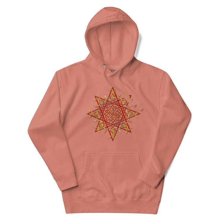 A dusty rose Xigfireon graphic hoodie featuring the Fire Colour iteration of the `Morning Star Fire` Celtic knot design. This Celtic knot symbolizes the Sun.