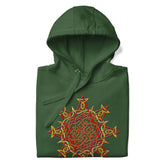 A folded forest green Xigfireon graphic hoodie featuring the Fire Colour iteration of the `Morning Star Fire` Celtic knot design. This Celtic knot symbolizes the Sun.