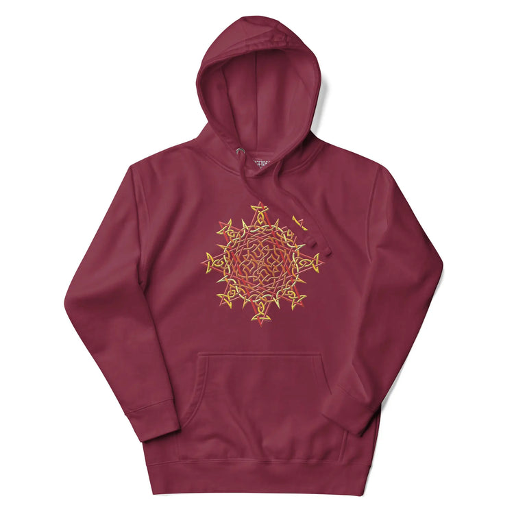 A maroon Xigfireon graphic hoodie featuring the Fire Colour iteration of the `Morning Star Fire` Celtic knot design. This Celtic knot symbolizes the Sun.