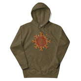 A military green Xigfireon graphic hoodie featuring the Fire Colour iteration of the `Morning Star Fire` Celtic knot design. This Celtic knot symbolizes the Sun.