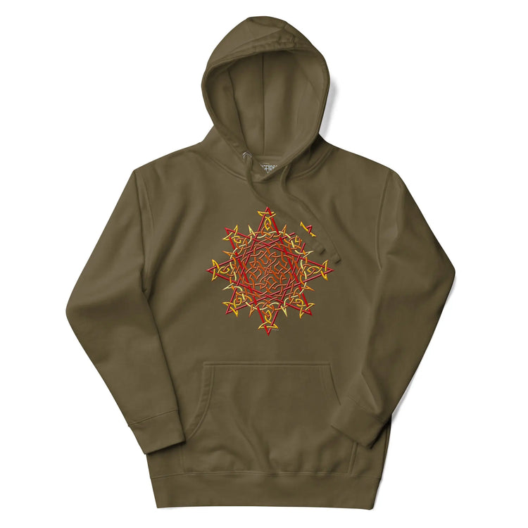 A military green Xigfireon graphic hoodie featuring the Fire Colour iteration of the `Morning Star Fire` Celtic knot design. This Celtic knot symbolizes the Sun.