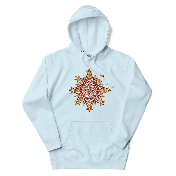 A sky blue Xigfireon graphic hoodie featuring the Fire Colour iteration of the `Morning Star Fire` Celtic knot design. This Celtic knot symbolizes the Sun.