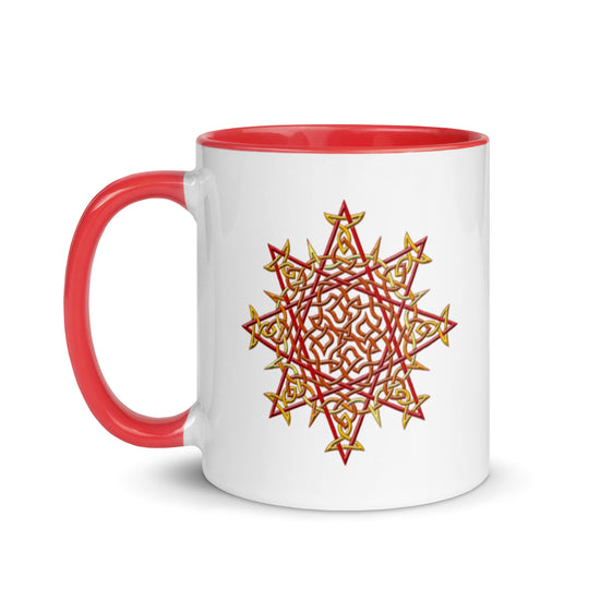 A Xigfireon white ceramic 11oz mug featuring the Fire Colour iteration of the `Morning Star Fire` Celtic knot design, with red handle and inside. This Celtic knot symbolizes Father Sun.