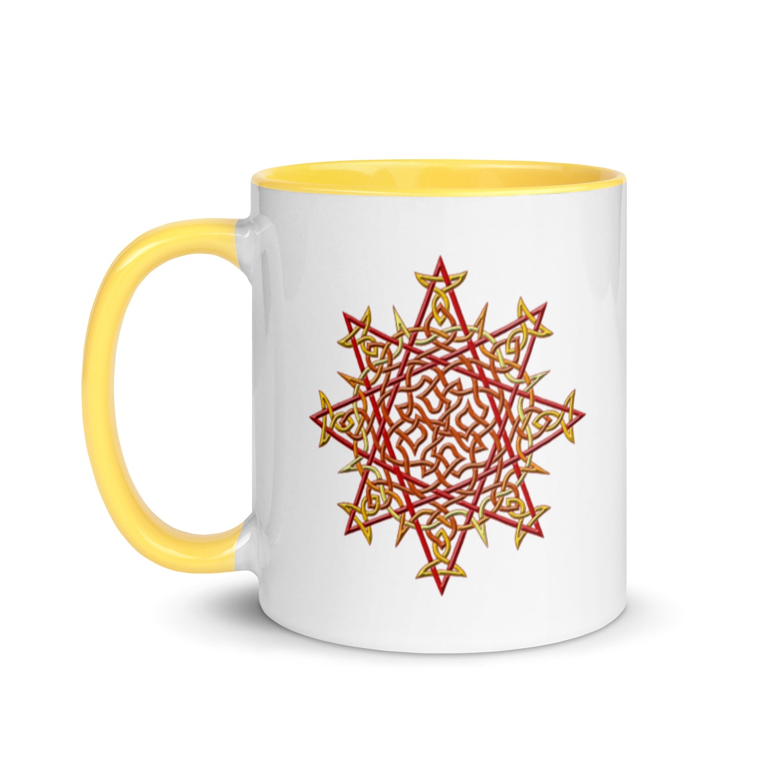 A Xigfireon white ceramic 11oz mug featuring the Fire Colour iteration of the `Morning Star Fire` Celtic knot design, with yellow handle and inside. This Celtic knot symbolizes Father Sun.