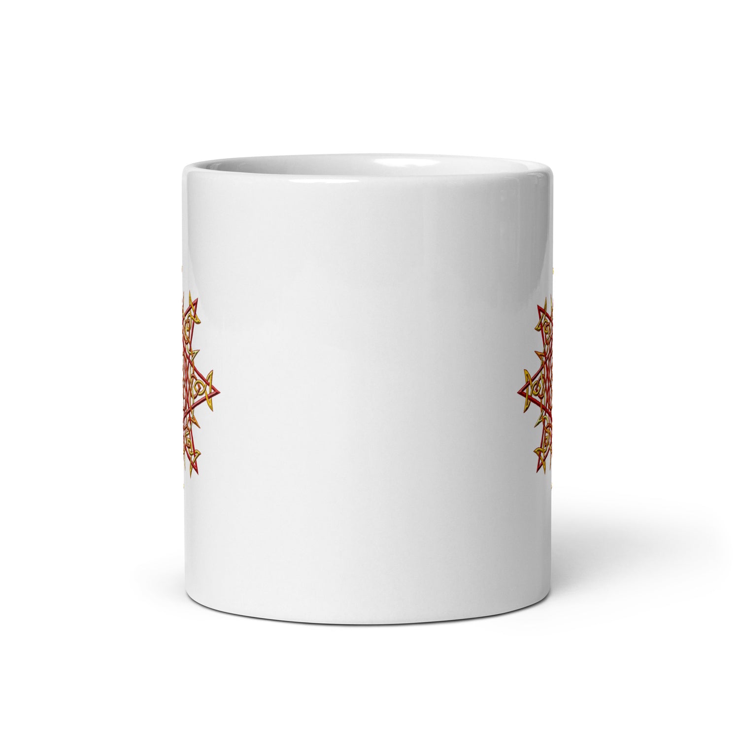 The front side of a Xigfireon white ceramic 11oz mug featuring the Fire Colour iteration of the `Morning Star Fire` Celtic knot design. This Celtic knot symbolizes Father Sun.