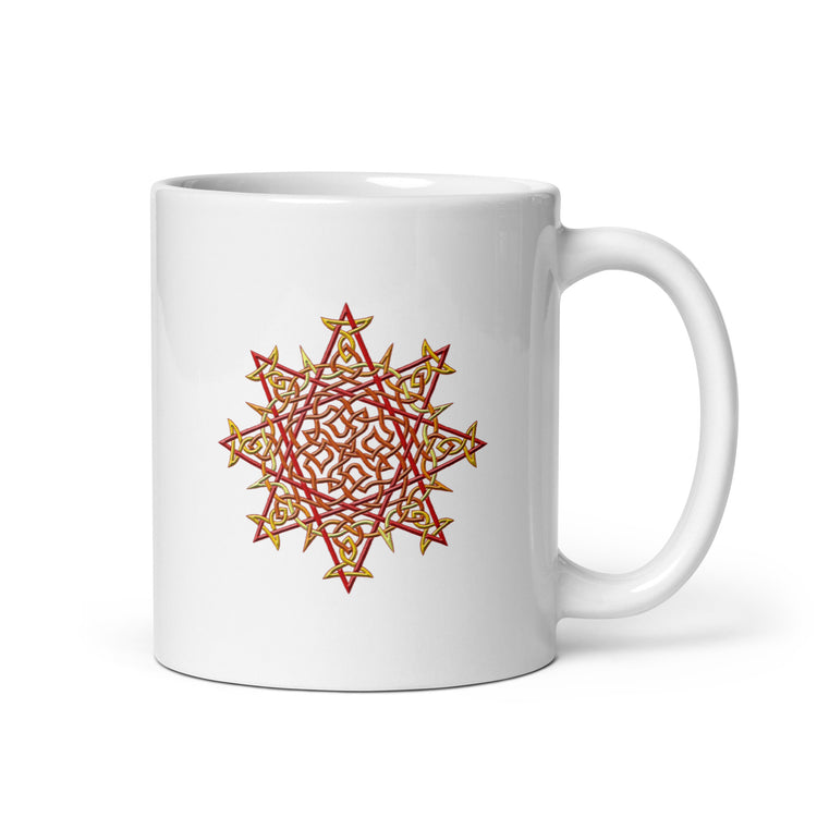 A Xigfireon white ceramic 11oz mug featuring the Fire Colour iteration of the `Morning Star Fire` Celtic knot design. This Celtic knot symbolizes Father Sun.