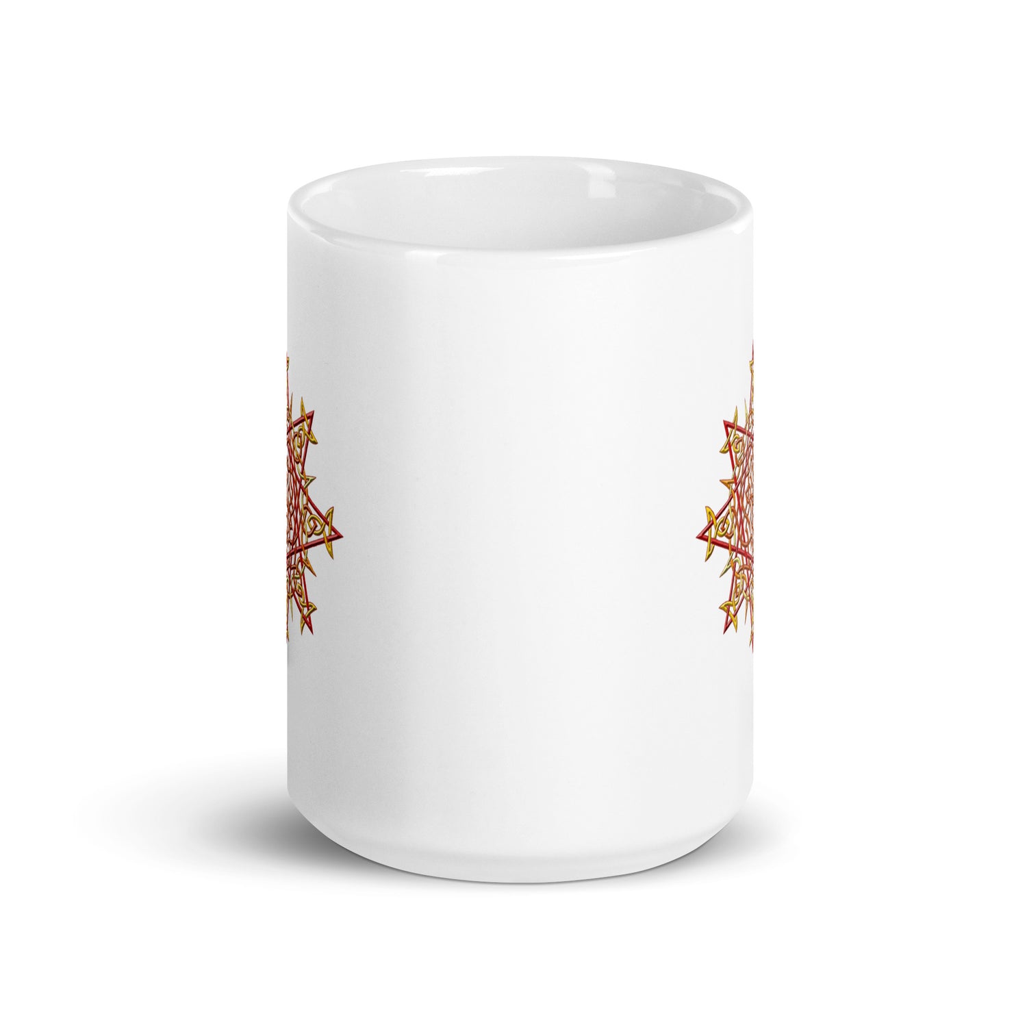 The front side of a Xigfireon white ceramic 15oz mug featuring the Fire Colour iteration of the `Morning Star Fire` Celtic knot design. This Celtic knot symbolizes Father Sun.