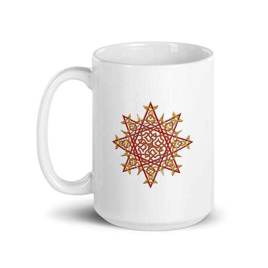 A Xigfireon white ceramic 15oz mug featuring the Fire Colour iteration of the `Morning Star Fire` Celtic knot design. This Celtic knot symbolizes Father Sun.