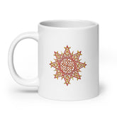 A Xigfireon white glossy 20oz mug featuring the Fire Colour iteration of the `Morning Star Fire` Celtic knot design. This Celtic knot represents the Sun.