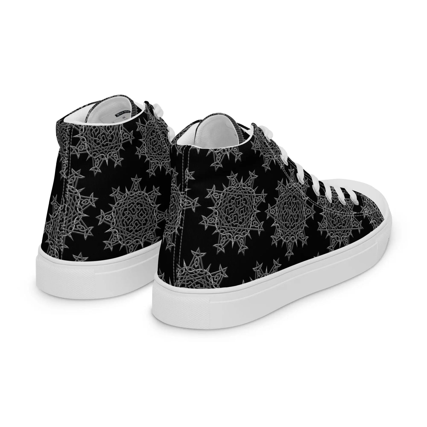 A view of the back of a pair of Xigfireon black canvas high tops featuring the Greyscale iteration of the `Morning Star Fire` Celtic knot pattern.