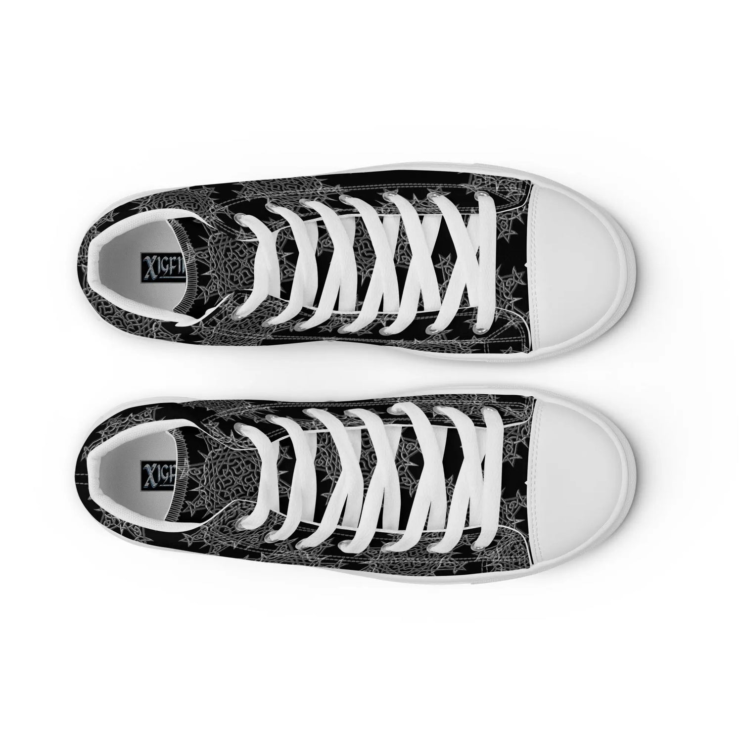 A view from above of a pair of Xigfireon black canvas high tops featuring the Greyscale iteration of the `Morning Star Fire` Celtic knot pattern. The Xigfireon logo on the insole is visible.