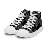 A pair of black Xigfireon canvas high tops featuring the Greyscale iteration of the `Morning Star Fire` Celtic knot pattern.