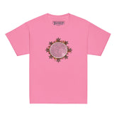 An azalea pink Xigfireon kids graphic t-shirt featuring the Eclipsed iteration of the `Morning Star Fire` Celtic knot design. The `Morning Star Fire` Celtic knot represents the sun.